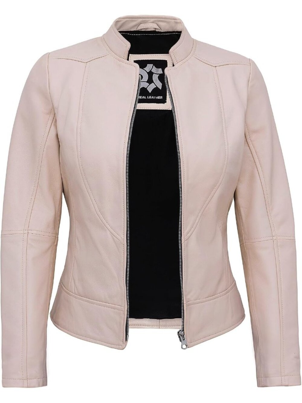 Women's Beige Lambskin Stylish Motorcycle Jacket zipper closure Leather Jackets